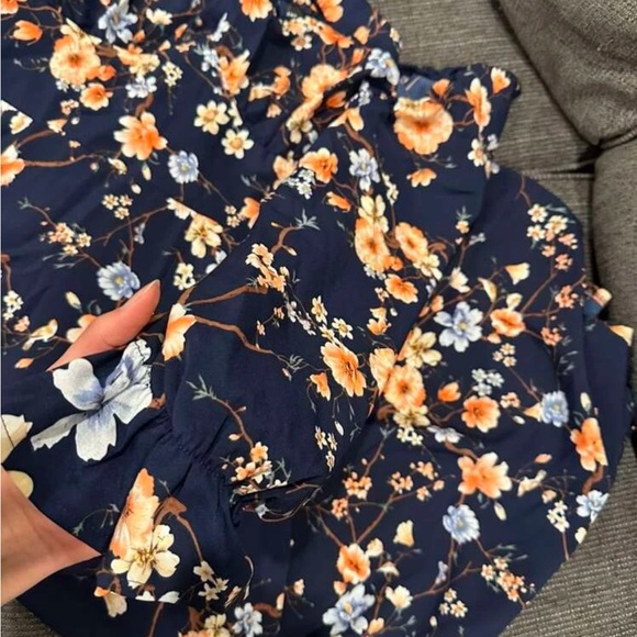 Floral Dress Square Neck Fit & Flare Maxi Long Sleeve Leg Slit Front Ties Blue - Picture 16 of 16